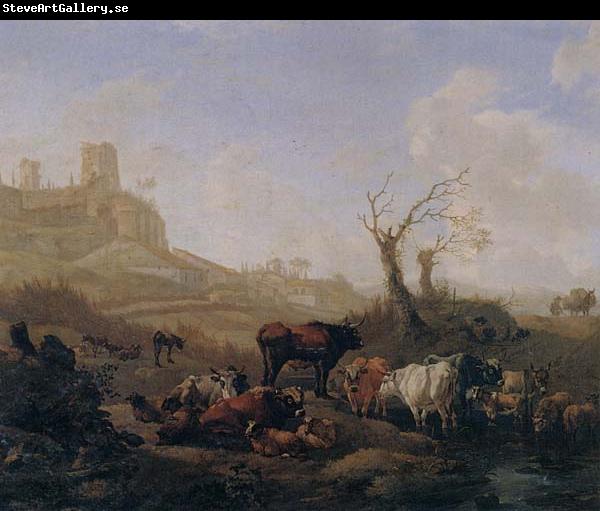 William Romeyn Cattle and sheep by a stream in a pasture,a town beyond